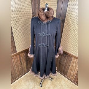 Carlo Tivioli Made in Italy Black Cashmere Wool & Russian Sable Trim Fur Coat